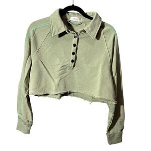 Mahina Crop Polo Long Sleeve Shirt Womens Small Green Pullover Beach Preppy